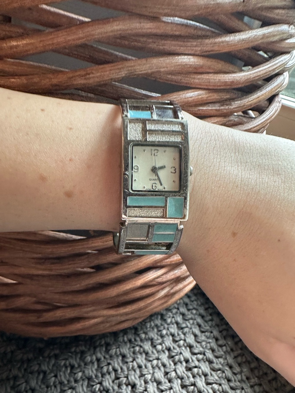 Y2K Silver Bracelet Watch with Turquoise Inlay